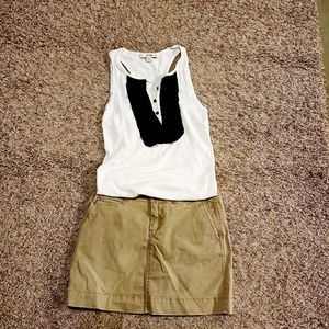 White ruffled top and khaki mini shirt